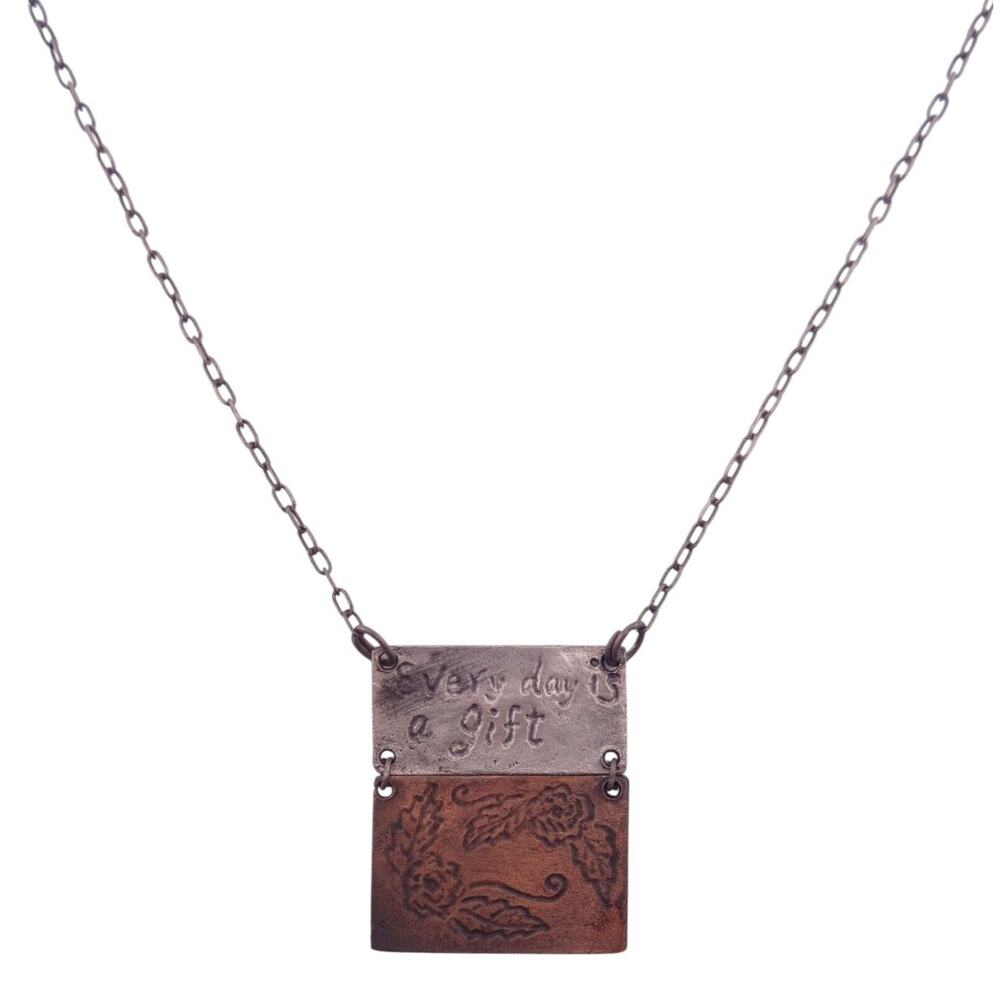 Anju "Every Day is a Gift" Floral Debossed Mixed Metals Pendant Necklace - NEW